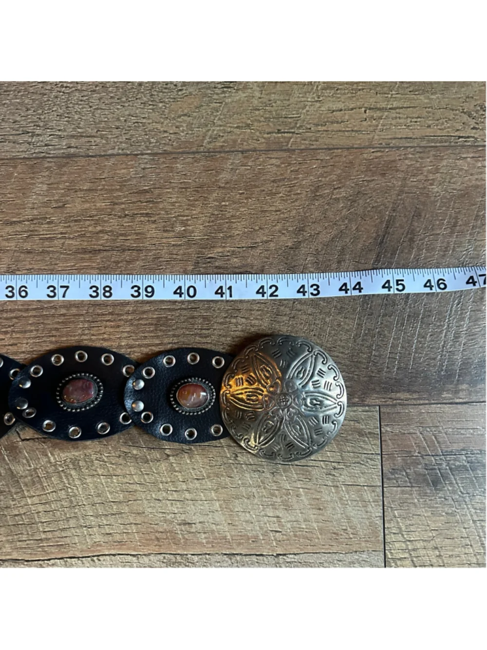 Women's Black Leather Belt with Silver Conchos and Gemstones, adjustable